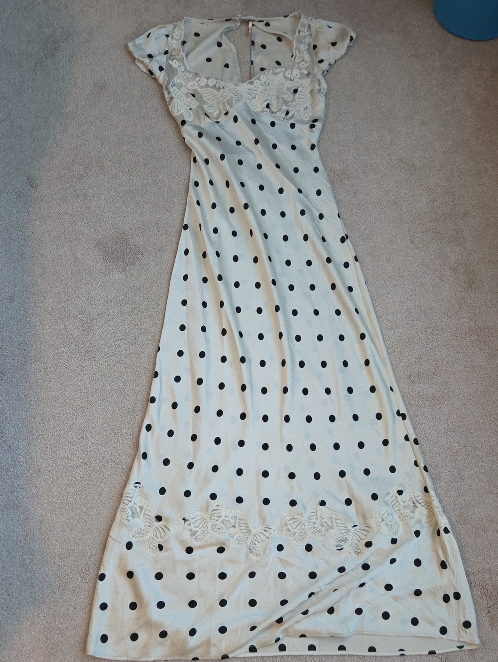 Free People Cream Maxi Dress with Black Polka Dots and Lace Trim S